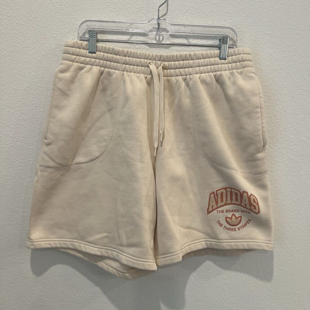 adidas Women’s VRCT Fleece Shorts Large Cream Logo Active Preppy Neutral Lounge